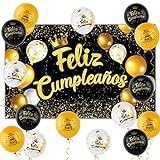 Pancarta Grande Feliz Cumpleaños Español + 15pcs Globos para Decoración Fiesta...